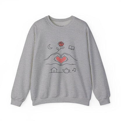Crewneck Sweatshirt — Heart Hands Rose Illustration (Cozy Home & Self‑Care Vibe)