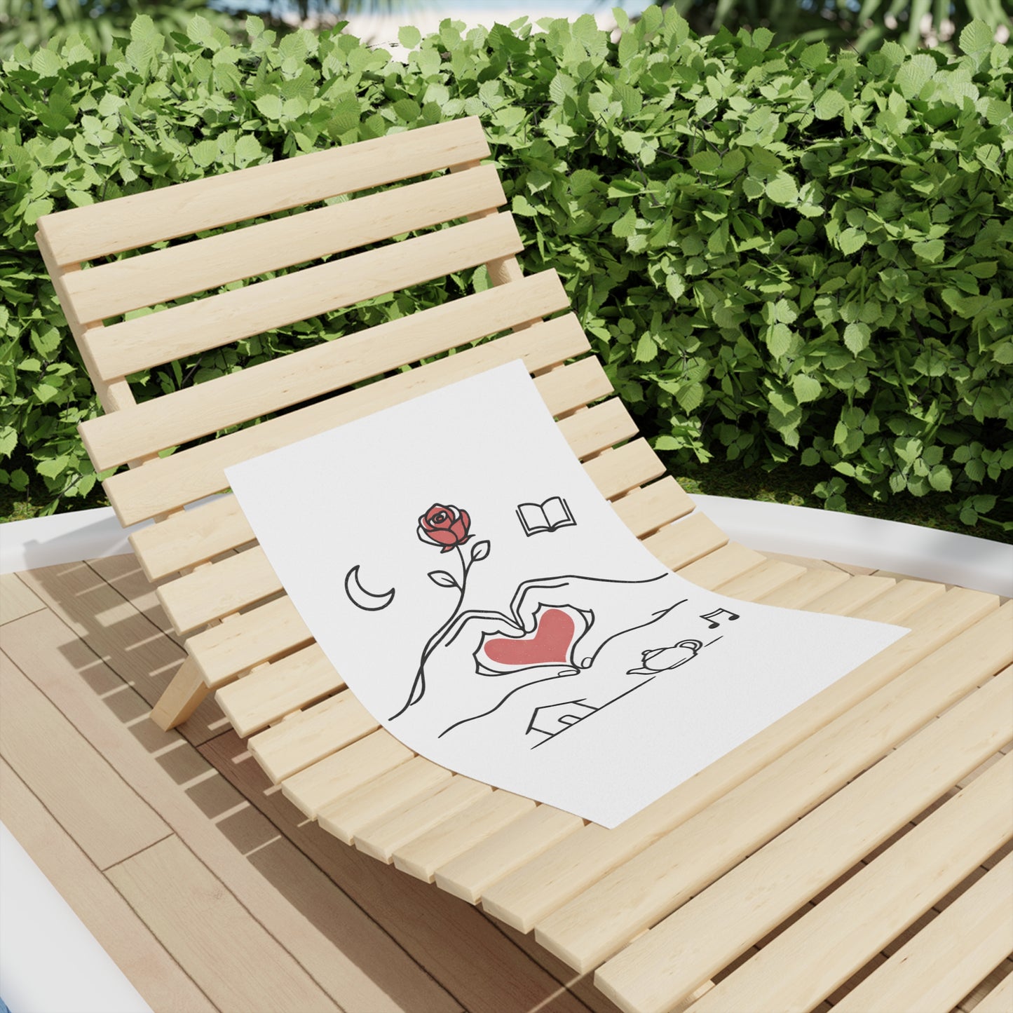 Beach Towel — Heart Hands Rose Design (Moon, Book, Tea, Home Icons)