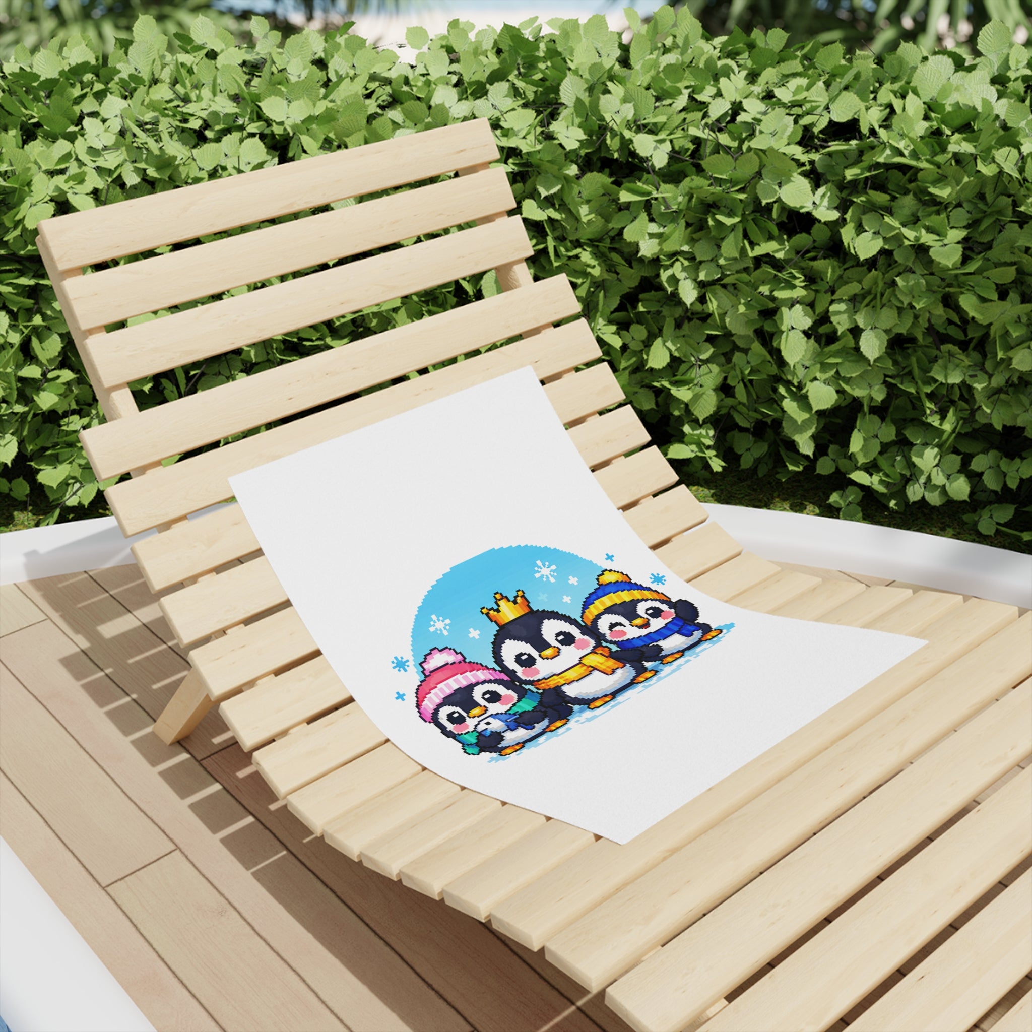 Cute Penguin Family Beach Towel — Winter Crown & Hat Cartoon Design