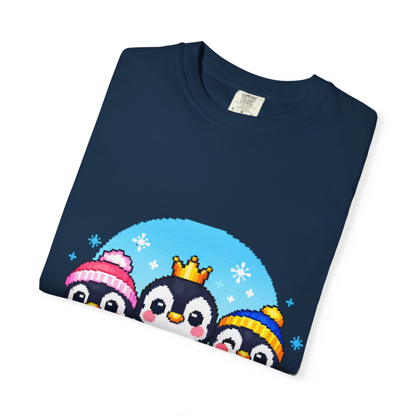 Cute Winter Penguin T‑Shirt — Three Cartoon Penguins with Crown & Scarves