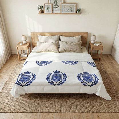 Blue Heraldic Crest Cotton Comforter — Classic Laurel & Crown Bedding