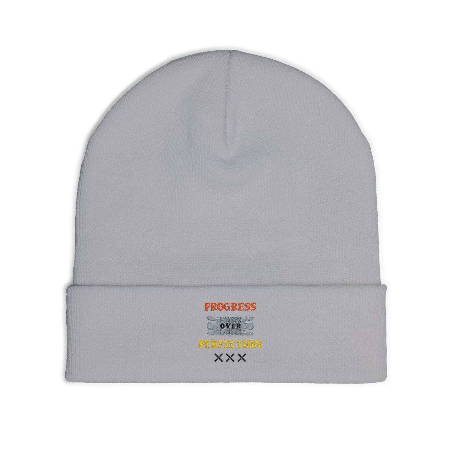Embroidered Knit Beanie — 'Progress Over Perfection' Cozy Winter Hat