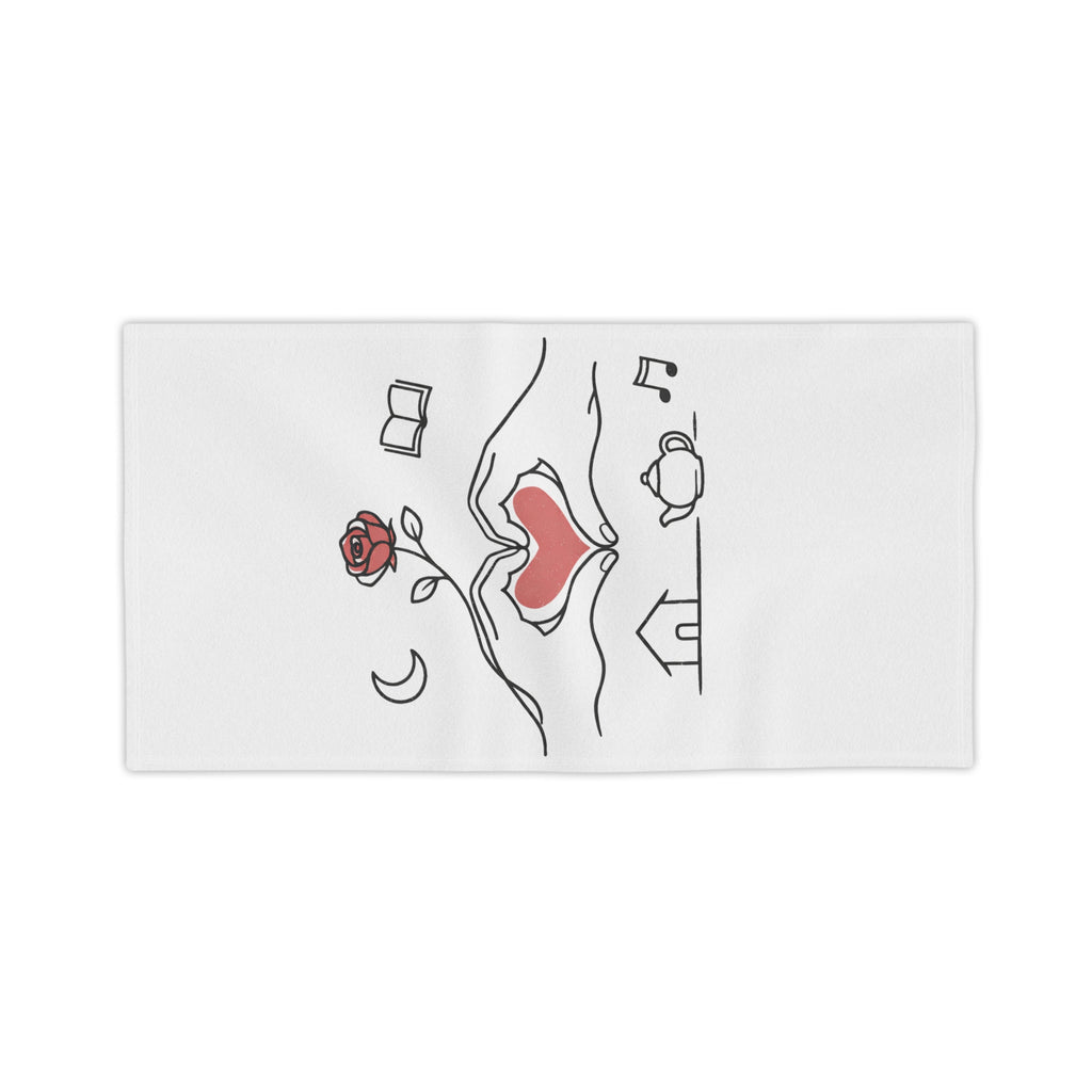 Beach Towel — Heart Hands Rose Design (Moon, Book, Tea, Home Icons)
