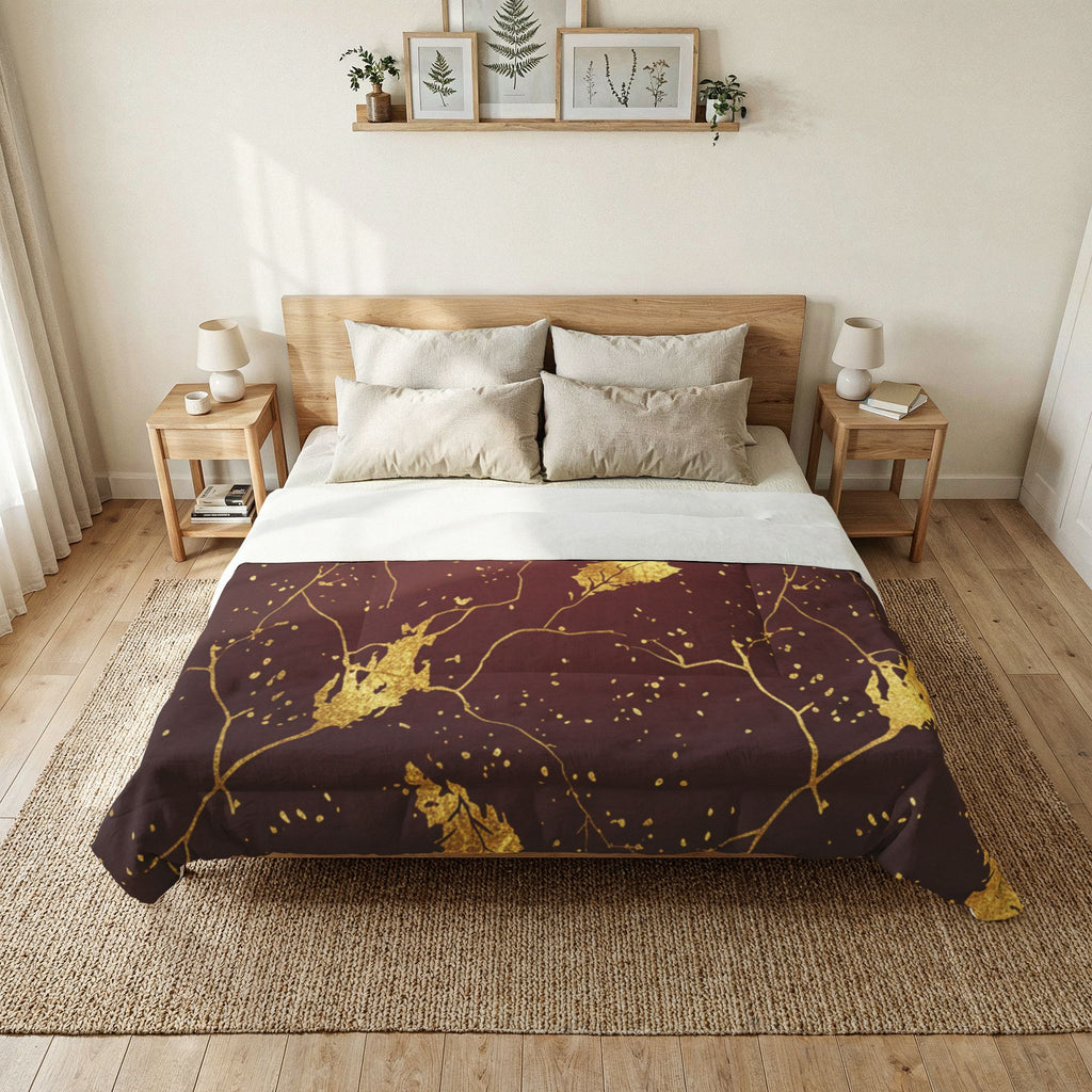Gold Leaf Cotton Comforter - Burgundy Botanical Bedding