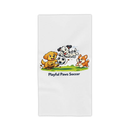 Playful Paws Soccer Beach Towel — Cute Puppies Playing Soccer Kids Towel