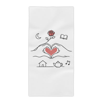 Beach Towel — Heart Hands Rose Design (Moon, Book, Tea, Home Icons)
