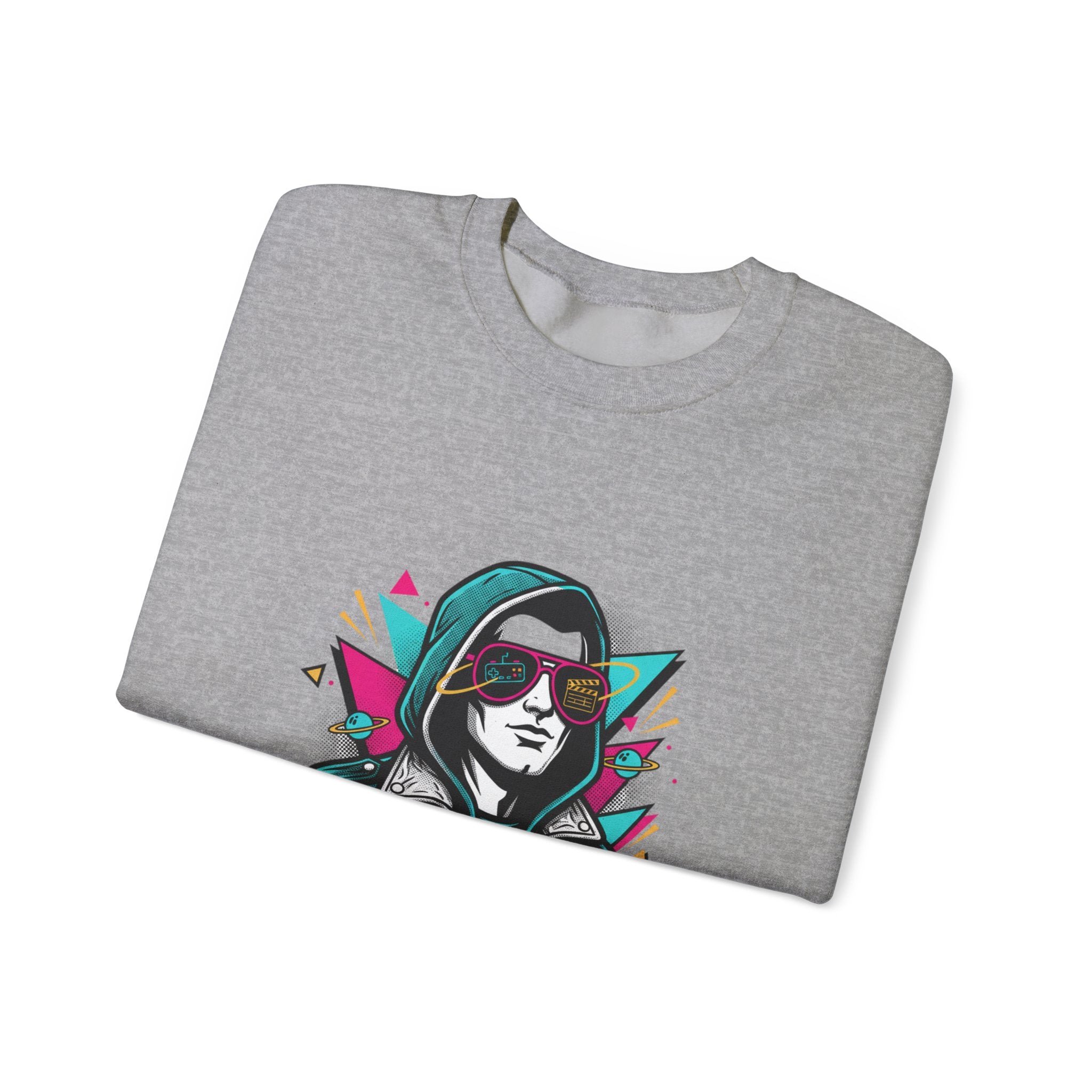 Pop Culture Remix Crewneck Sweatshirt — Retro Neon Hoodie Graphic