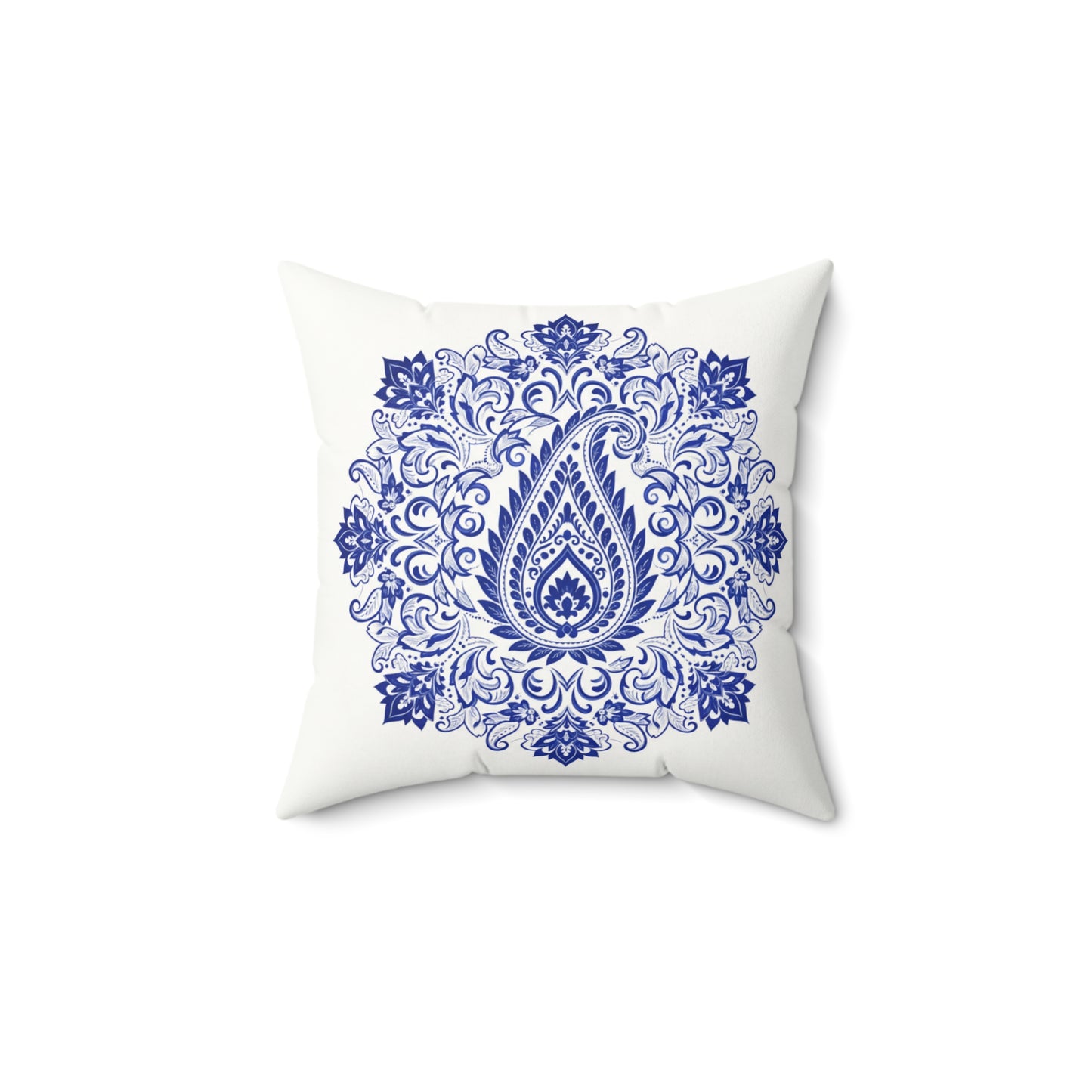 Blue Paisley Mandala Faux Suede Pillow — Decorative Square Throw Pillow