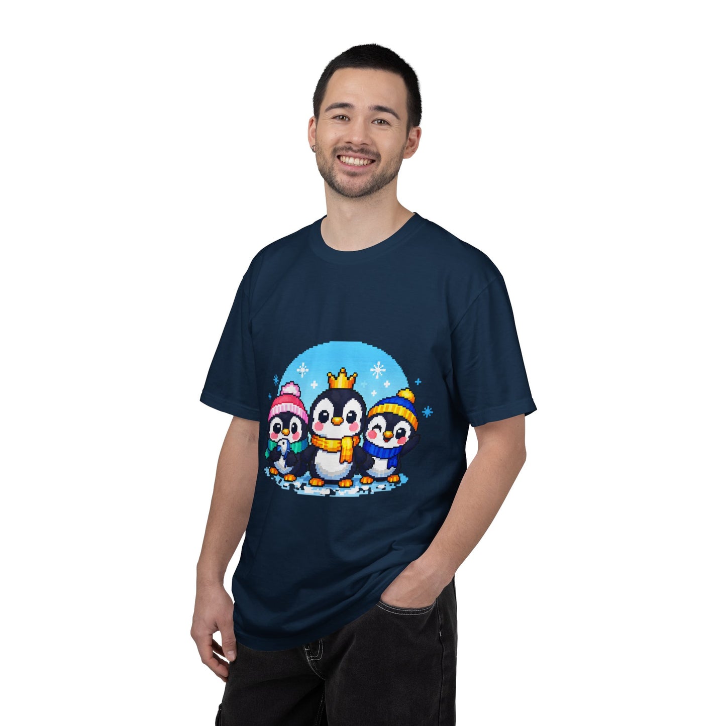 Cute Winter Penguin T‑Shirt — Three Cartoon Penguins with Crown & Scarves