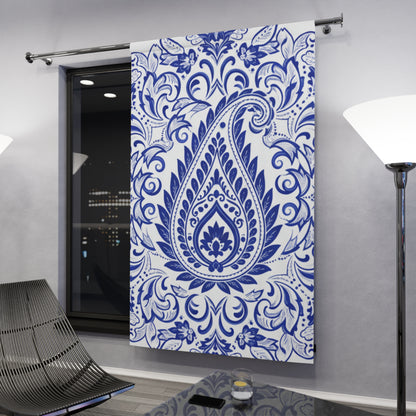 Blue Paisley Window Curtain - Boho Floral Drapery Panel