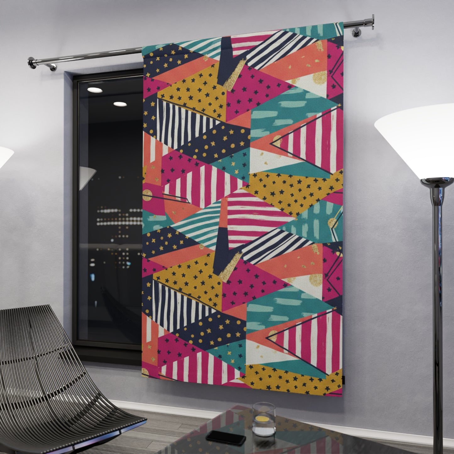 Abstract Geometric Triangle Curtain — Colorful Retro Pattern Window Panel