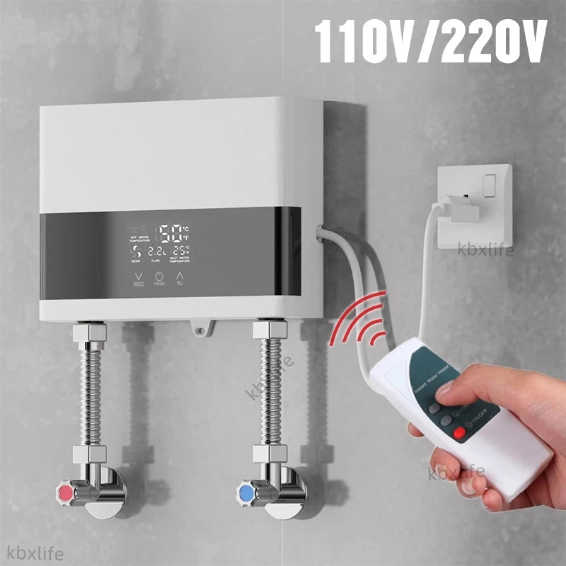 110V/220V Instant Water Heater Bathroom Kitchen Wall Mounted Electric Water Heater with Remote Control LCD Temperature Display - Merit Sell