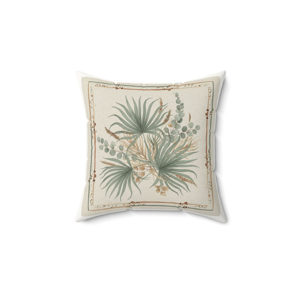 Botanical Palm Faux Suede Pillow — Green Palm Leaf Square Throw Pillow