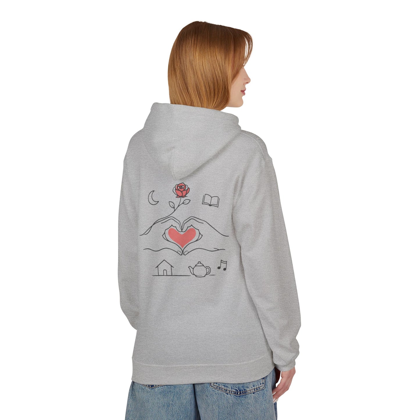 Cozy Heart & Rose Hoodie — Comfort, Home, Tea, Books Design