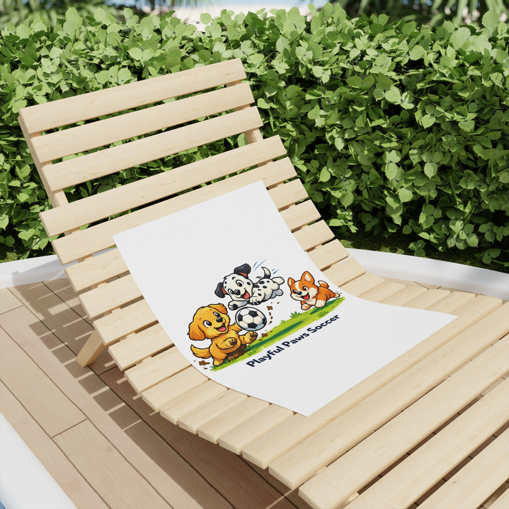 Playful Paws Soccer Beach Towel — Cute Puppies Playing Soccer Kids Towel