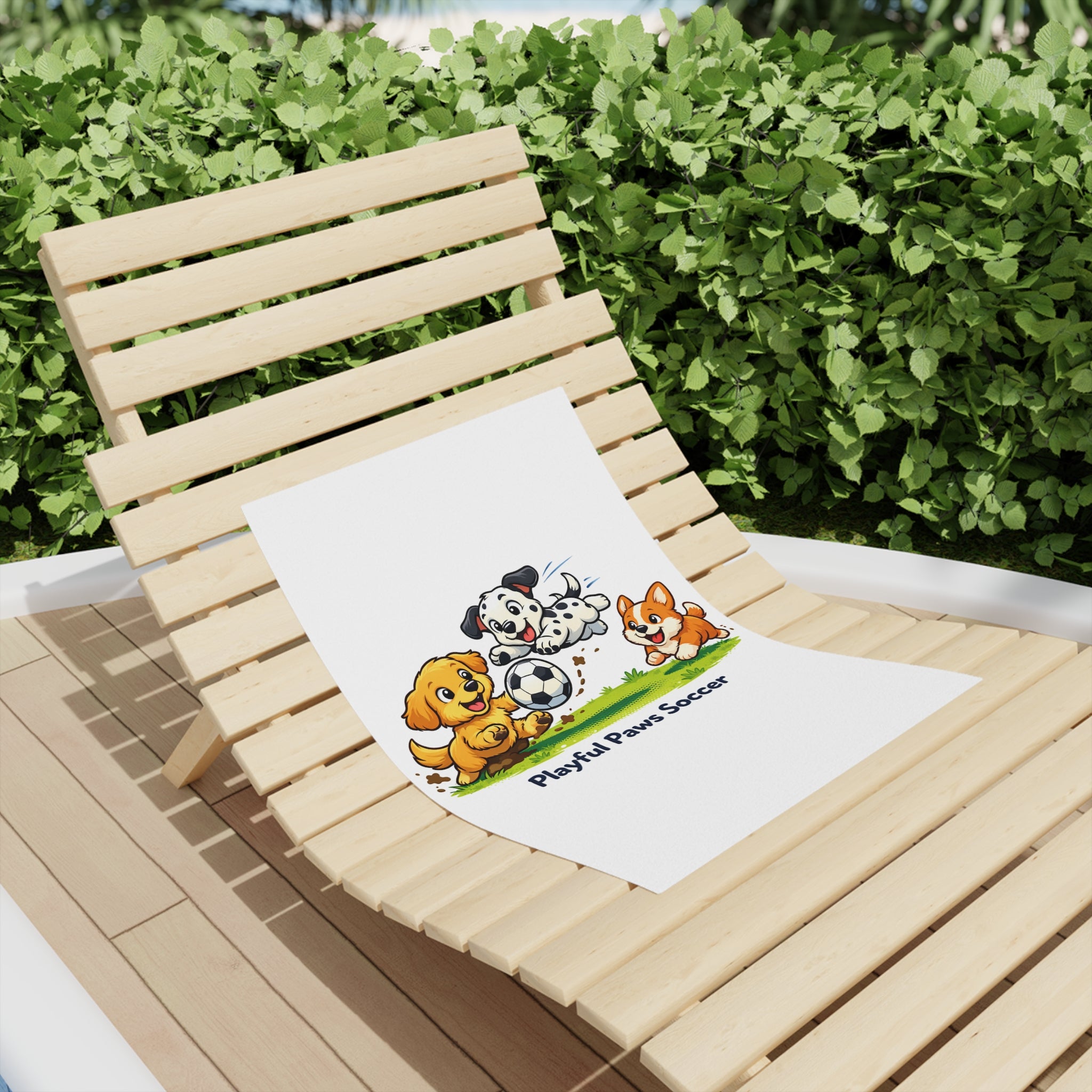 Playful Paws Soccer Beach Towel — Cute Puppies Playing Soccer Kids Towel