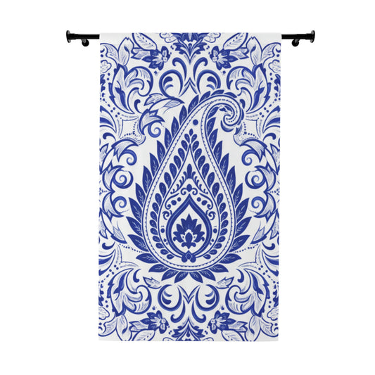 Blue Paisley Window Curtain - Boho Floral Drapery Panel Merit Sell