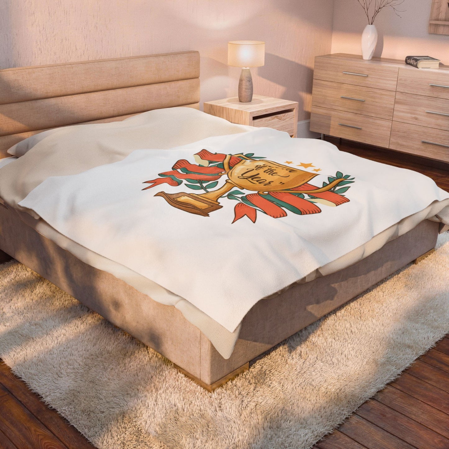 Mom of the Year Velveteen Plush Blanket – Trophy Design Mother’s Day Throw