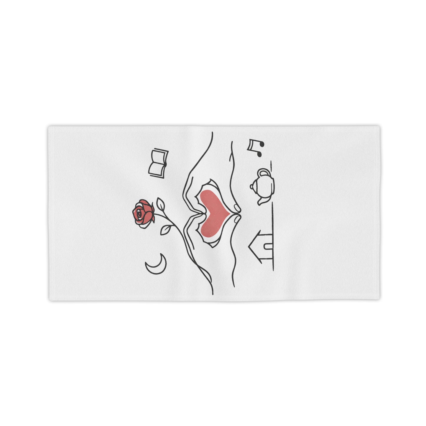 Beach Towel — Heart Hands Rose Design (Moon, Book, Tea, Home Icons)