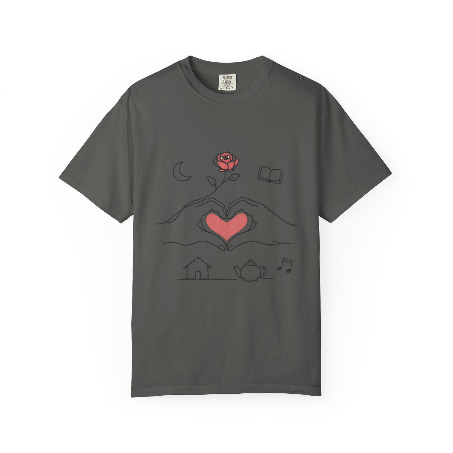 Heart Hands Graphic T-Shirt — Cozy Home, Tea & Book Love Design