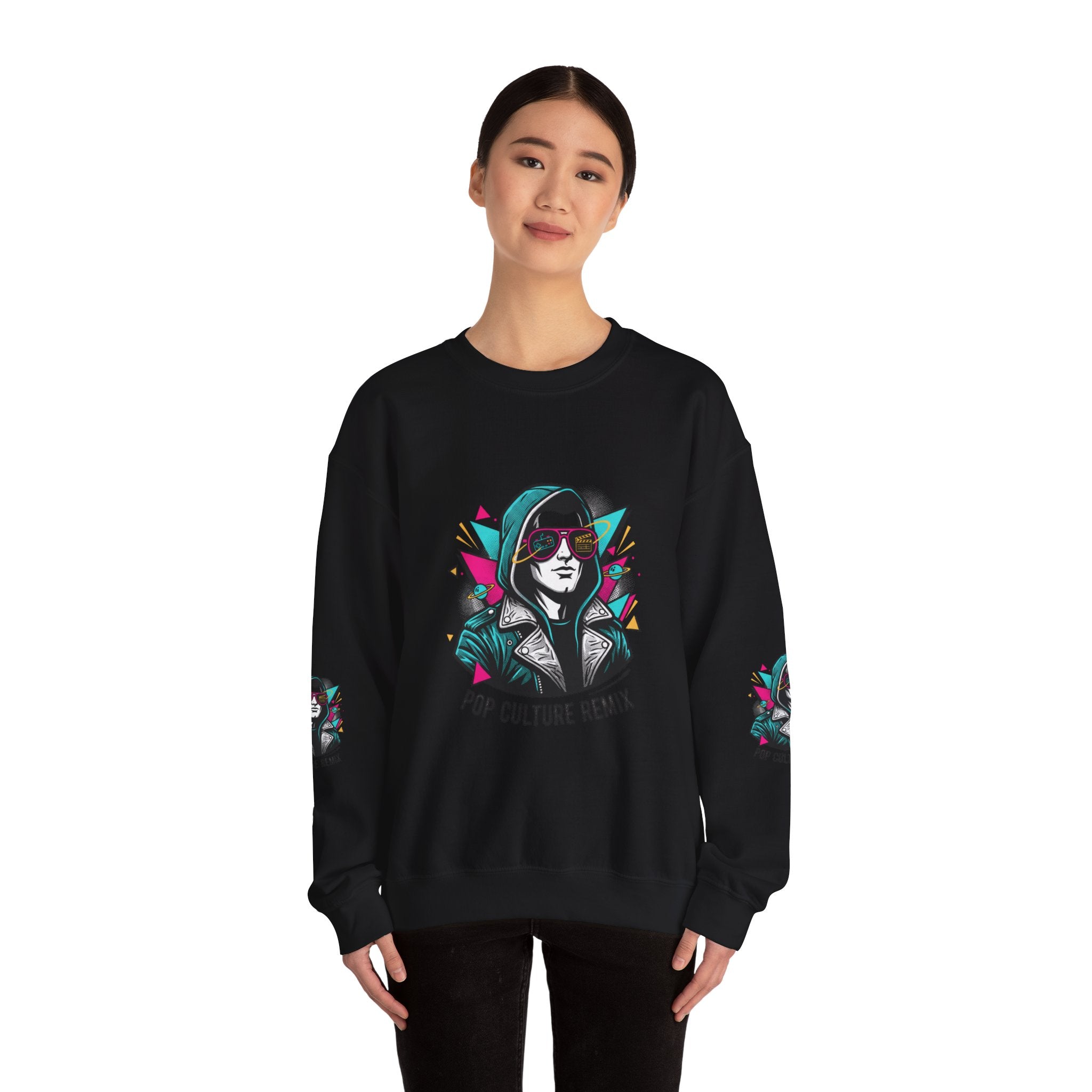 Pop Culture Remix Crewneck Sweatshirt — Retro Neon Hoodie Graphic