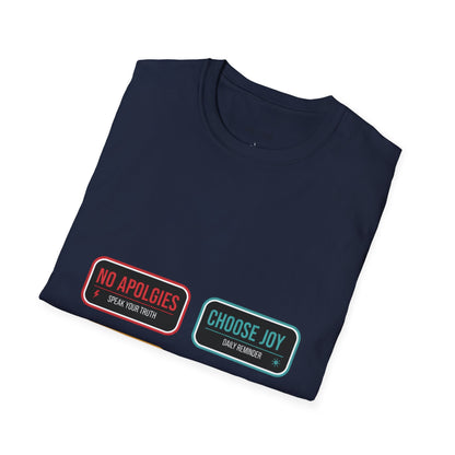 Graphic T-Shirt — Inspirational Patch Badges: “No Apologies, Choose Joy, Loud & Kind, Make Waves”
