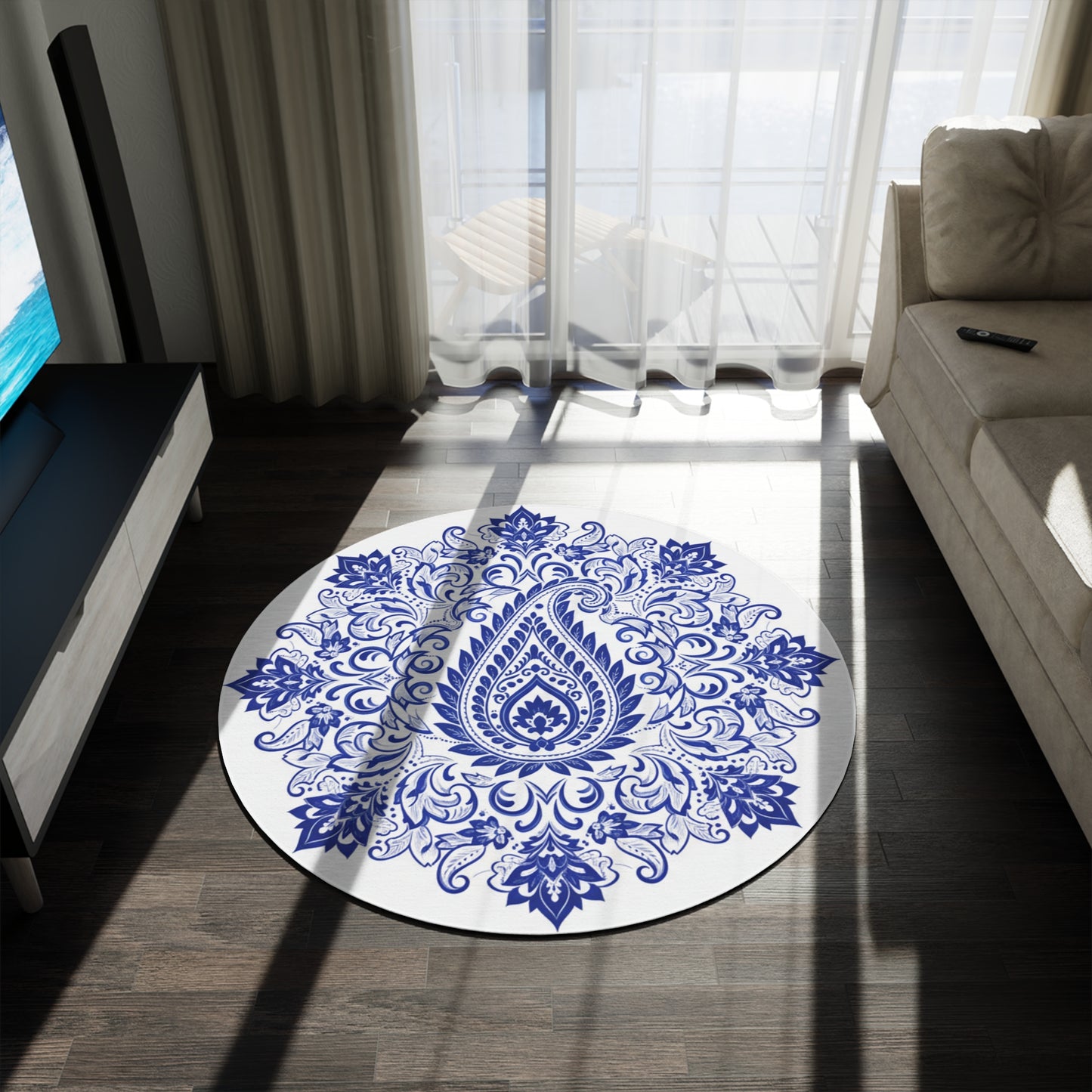 Bohemian Blue Paisley Round Rug — Decorative Floor Mat for Living Rooms & Entryways
