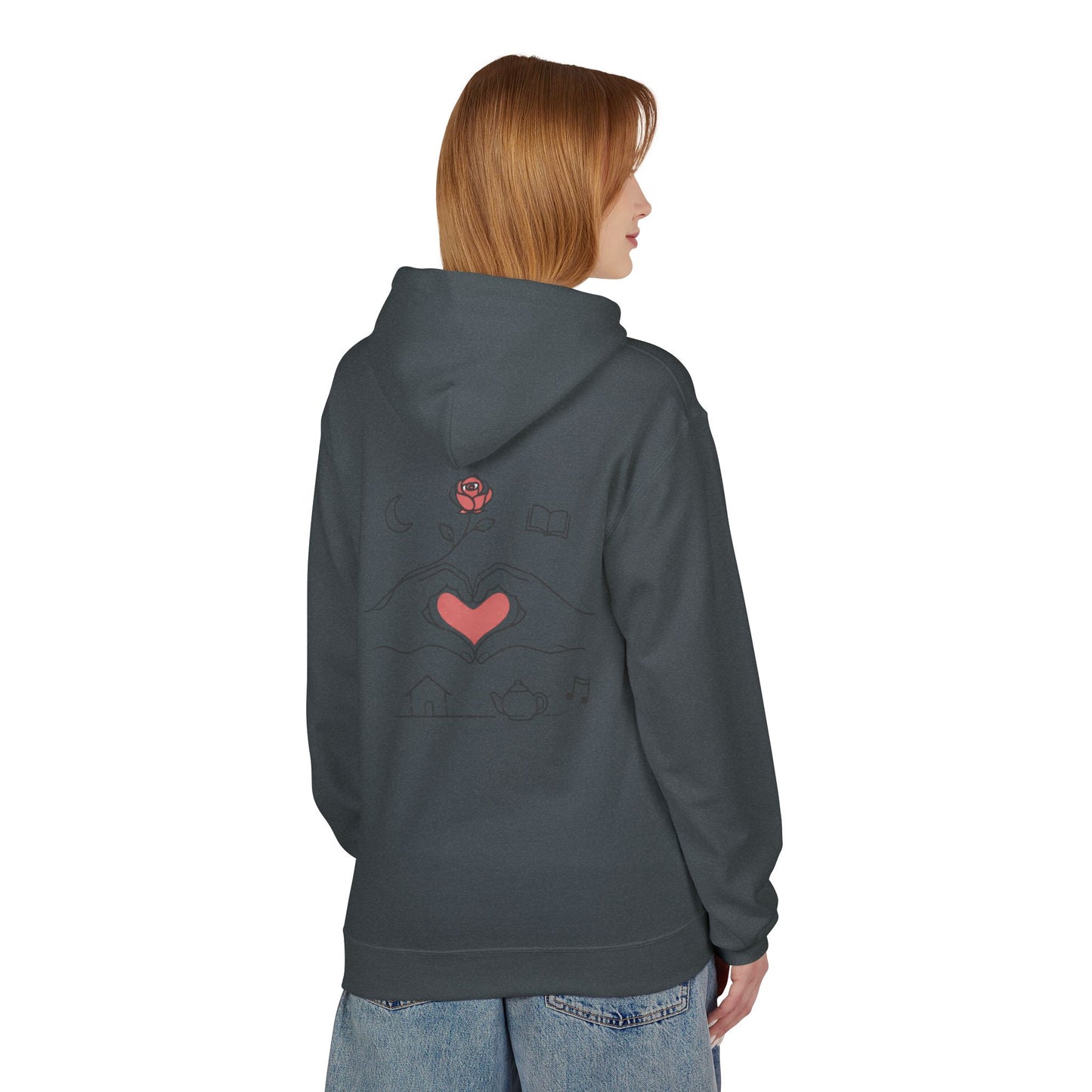Cozy Heart & Rose Hoodie — Comfort, Home, Tea, Books Design