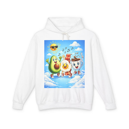 Happy Breakfast Friends Hoodie — Avocado, Egg & Coffee Cartoon Pullover Merit Sell