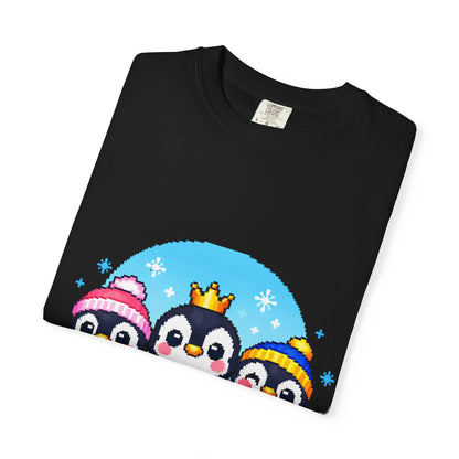 Cute Winter Penguin T‑Shirt — Three Cartoon Penguins with Crown & Scarves
