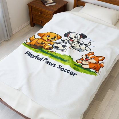 Plush Blanket - Playful Paws Soccer Cute Puppy Soccer Design