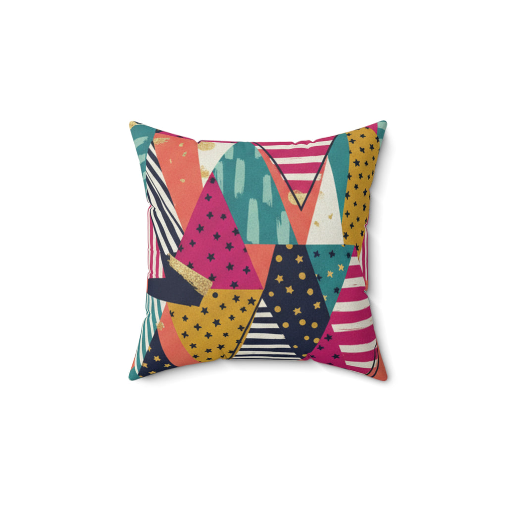 Boho Geometric Faux Suede Pillow — Colorful Triangle Pattern Accent Cushion