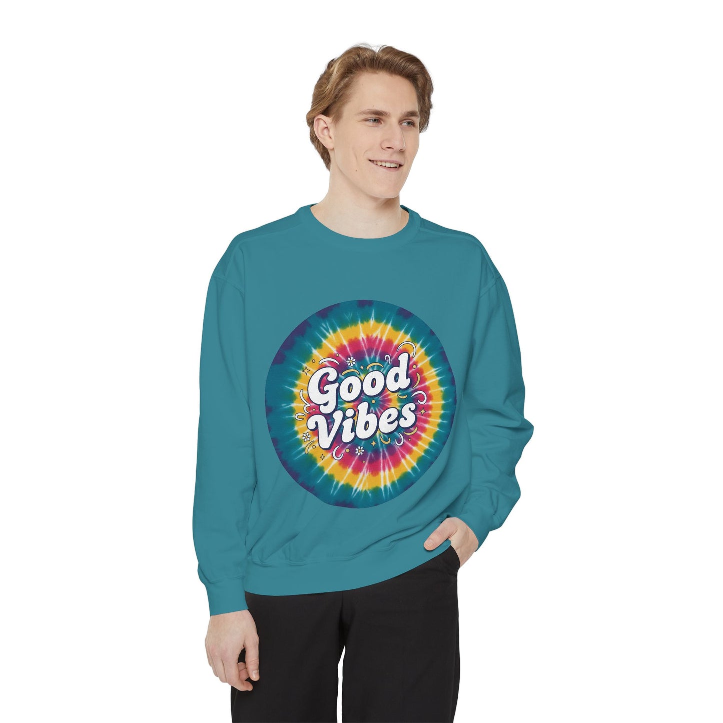 Tie-Dye "Good Vibes" Sweatshirt — Retro Colorful Cozy Pullover