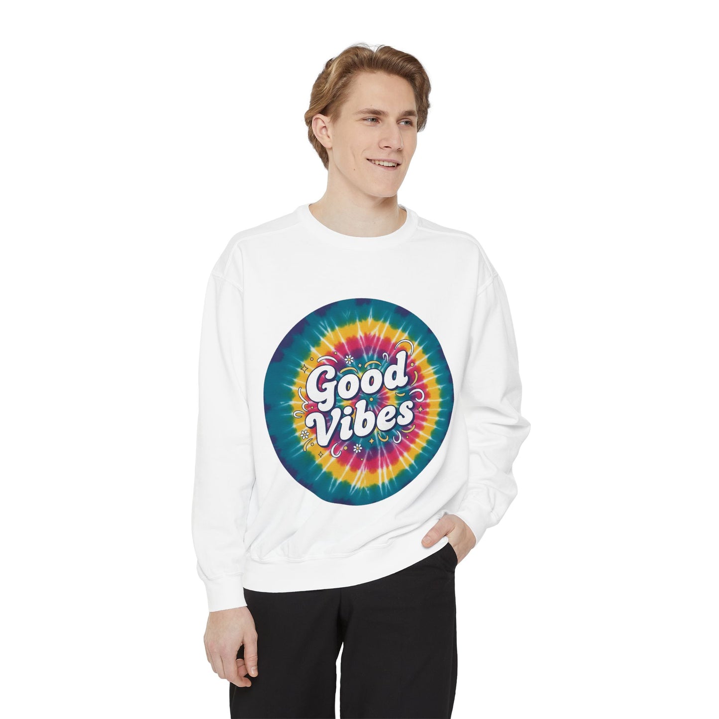Tie-Dye "Good Vibes" Sweatshirt — Retro Colorful Cozy Pullover