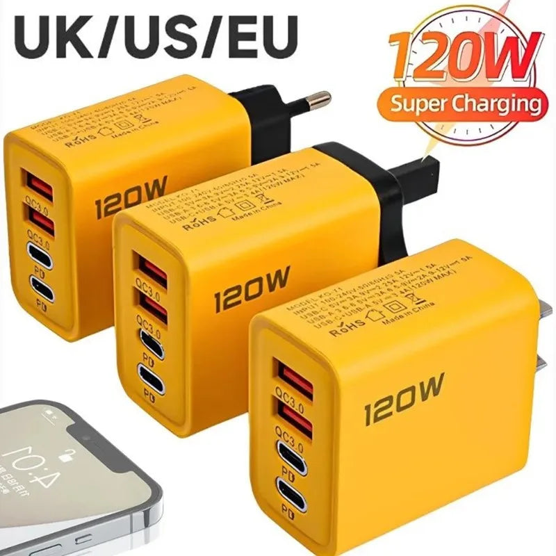 120W Fast Charging 4 Ports Mobile Phone Charger QC3.0 USB Type C Chargers Dual PD Wall Adapter EU/US/UK Plug for iPhone15 Xiaomi - Merit Sell