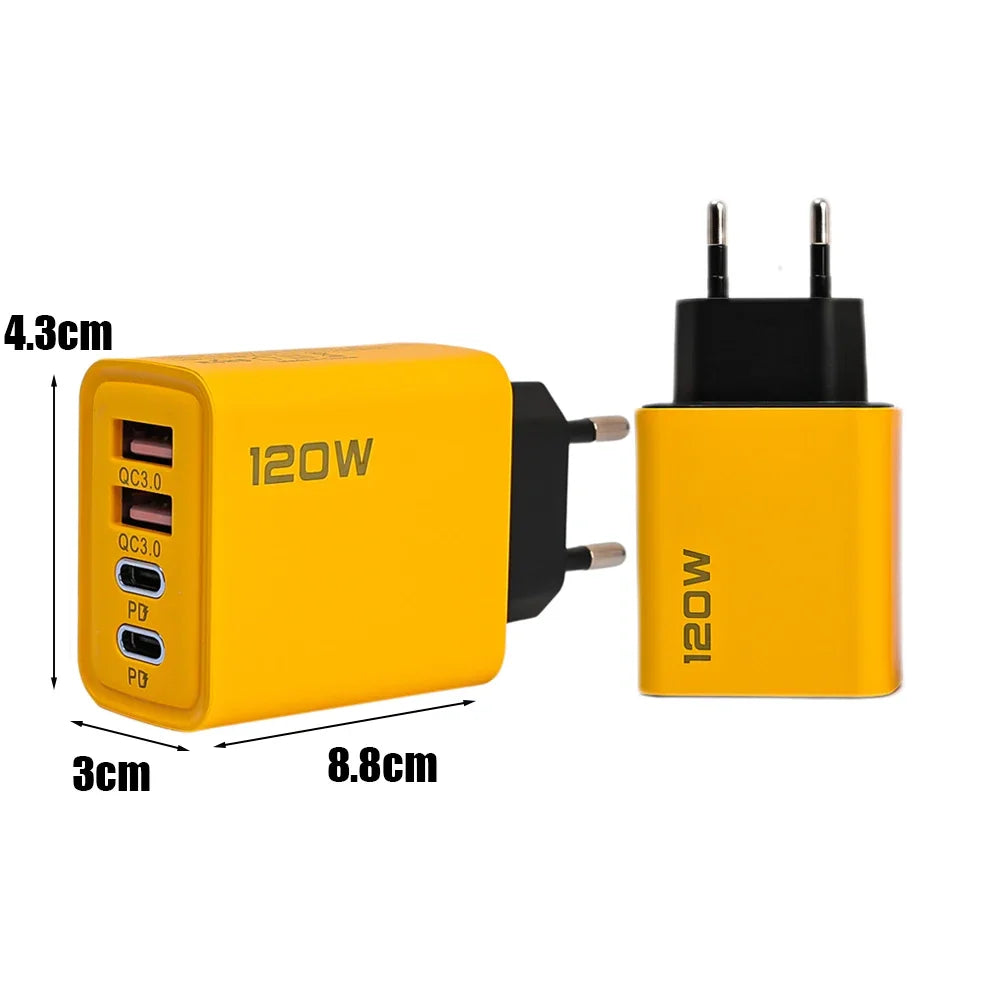 120W Fast Charging 4 Ports Mobile Phone Charger QC3.0 USB Type C Chargers Dual PD Wall Adapter EU/US/UK Plug for iPhone15 Xiaomi - Merit Sell