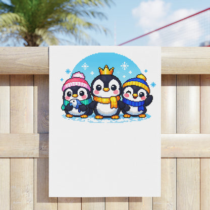 Cute Penguin Family Beach Towel — Winter Crown & Hat Cartoon Design
