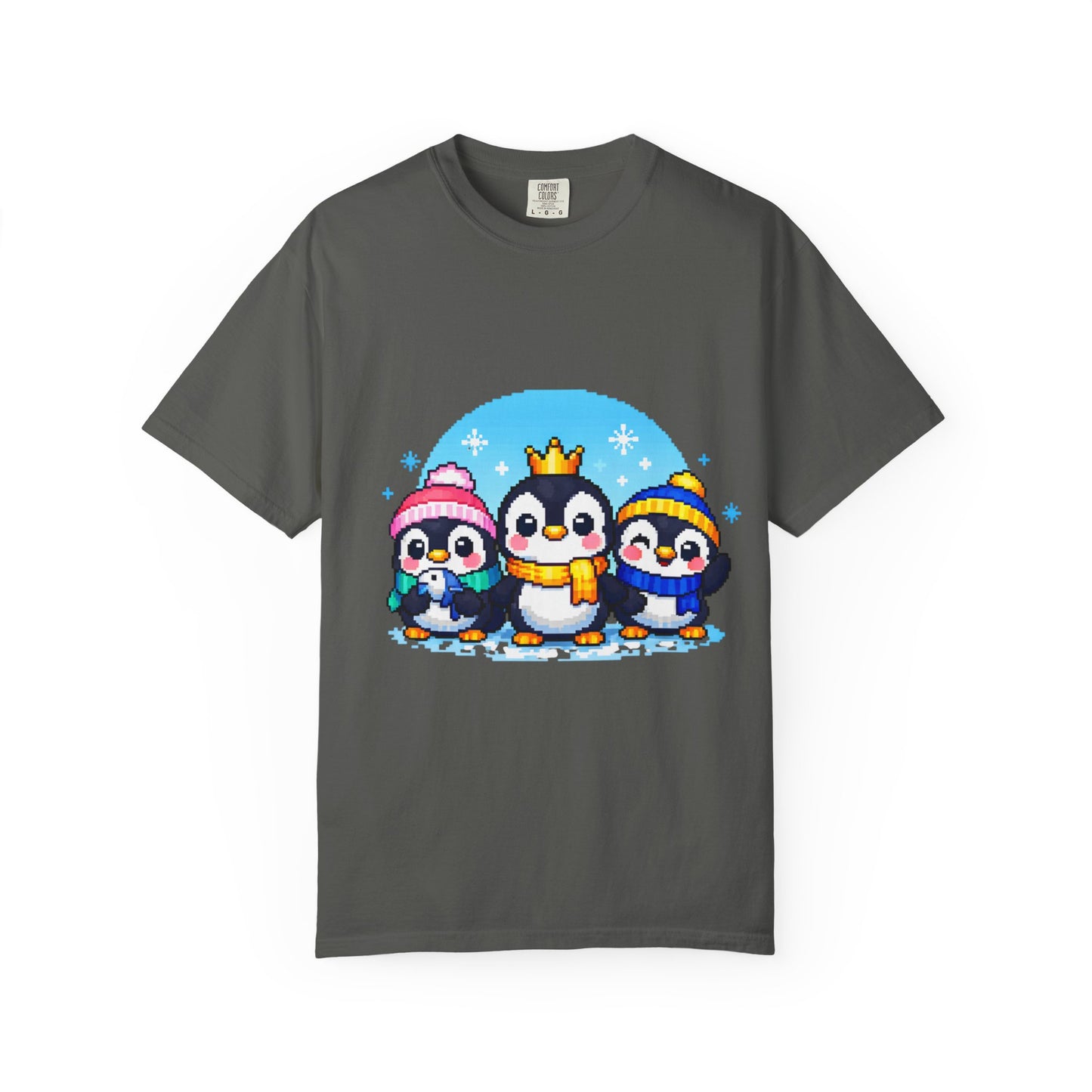 Cute Winter Penguin T‑Shirt — Three Cartoon Penguins with Crown & Scarves