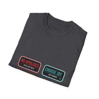 Graphic T-Shirt — Inspirational Patch Badges: “No Apologies, Choose Joy, Loud & Kind, Make Waves”