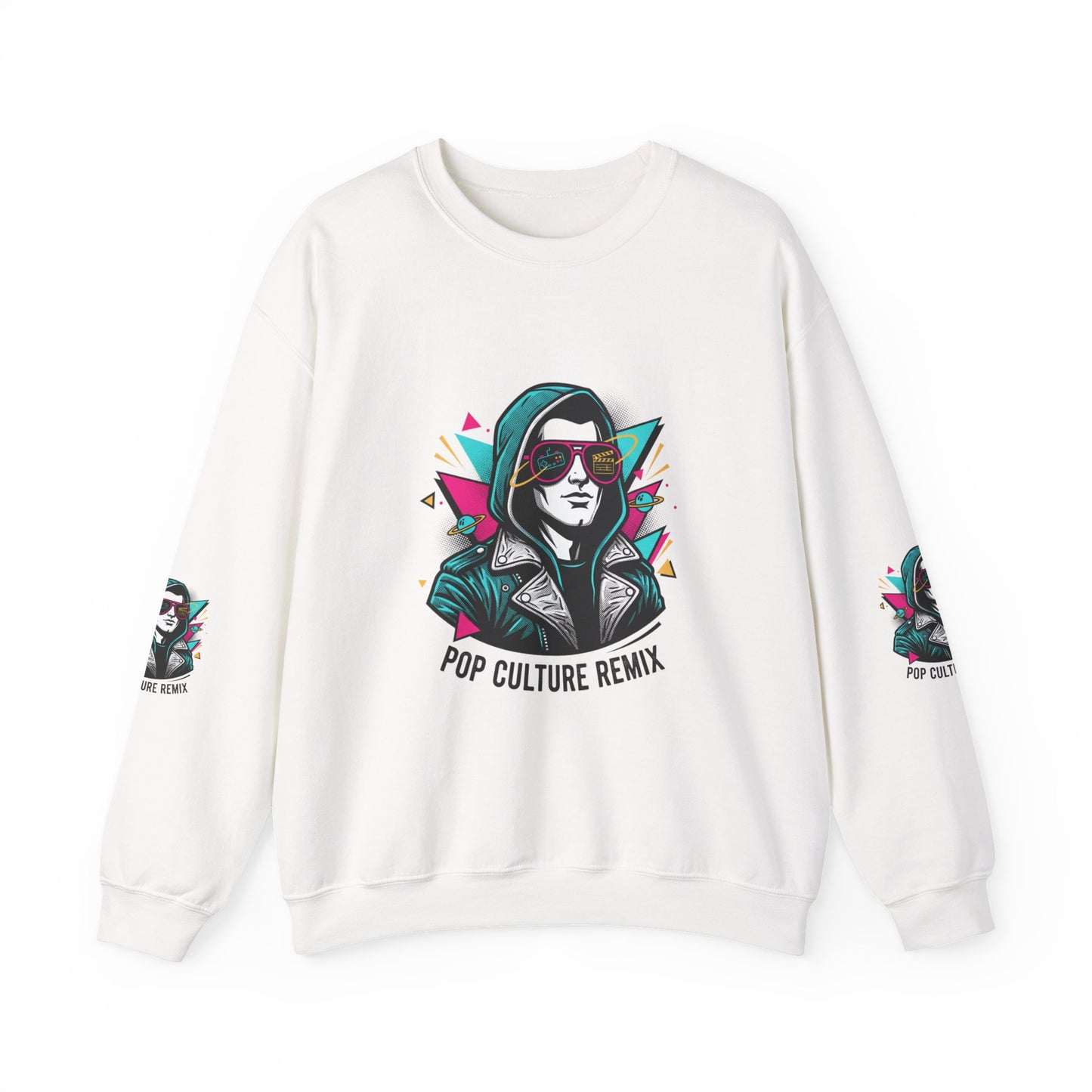 Pop Culture Remix Crewneck Sweatshirt — Retro Neon Hoodie Graphic