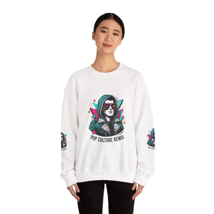 Pop Culture Remix Crewneck Sweatshirt — Retro Neon Hoodie Graphic