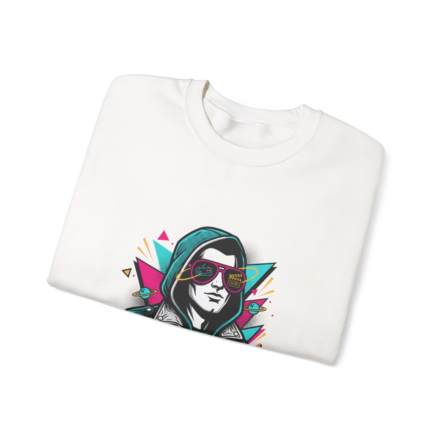Pop Culture Remix Crewneck Sweatshirt — Retro Neon Hoodie Graphic