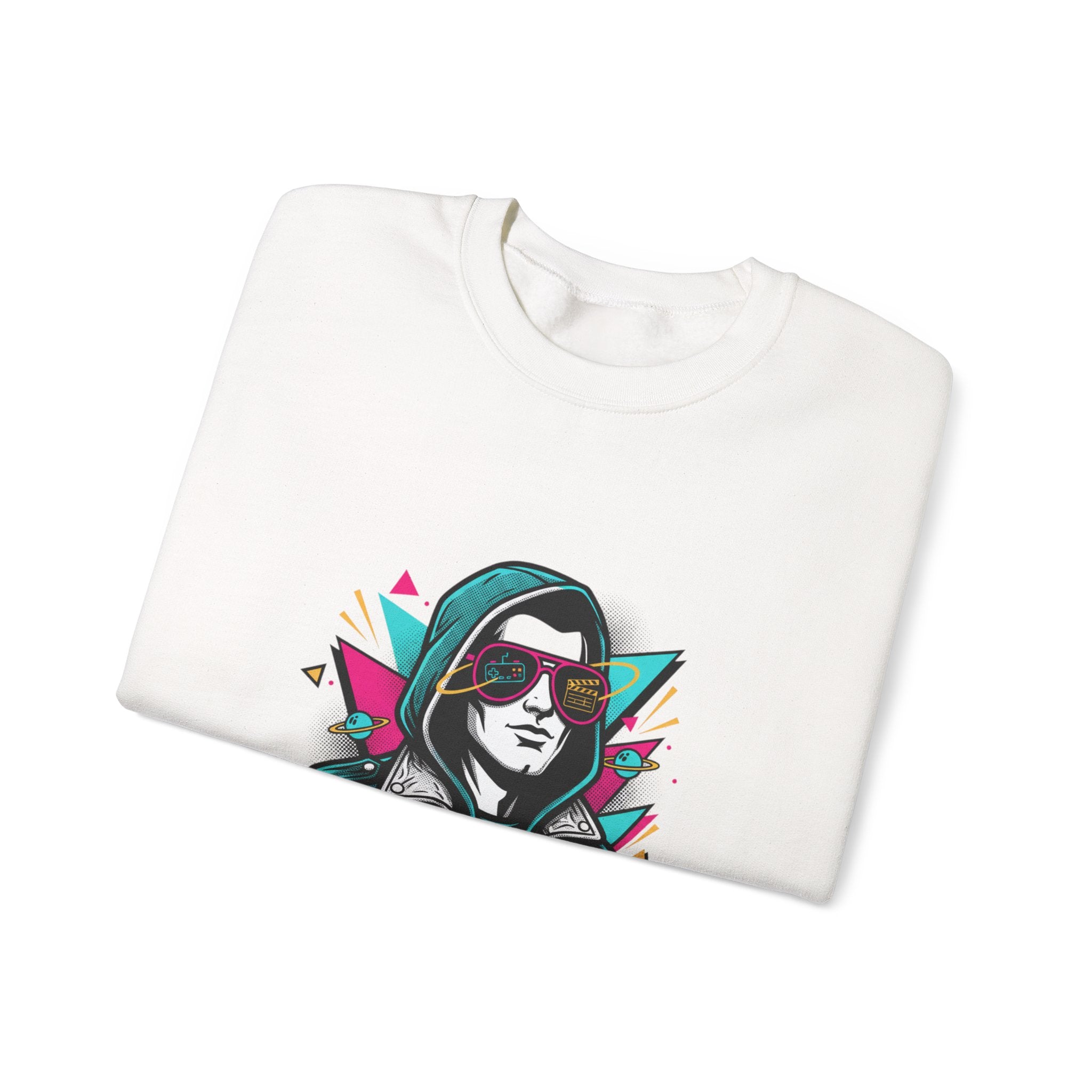 Pop Culture Remix Crewneck Sweatshirt — Retro Neon Hoodie Graphic