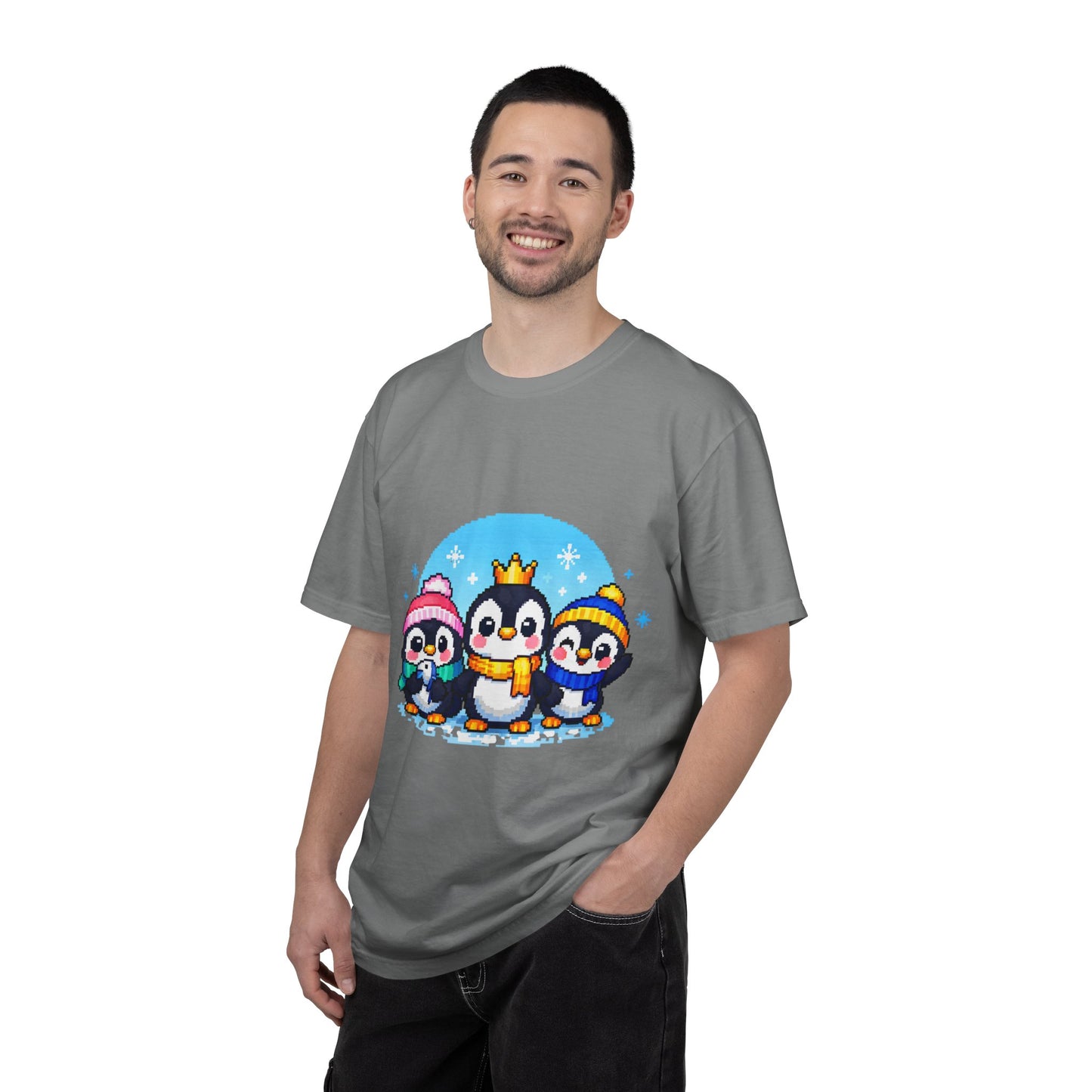 Cute Winter Penguin T‑Shirt — Three Cartoon Penguins with Crown & Scarves