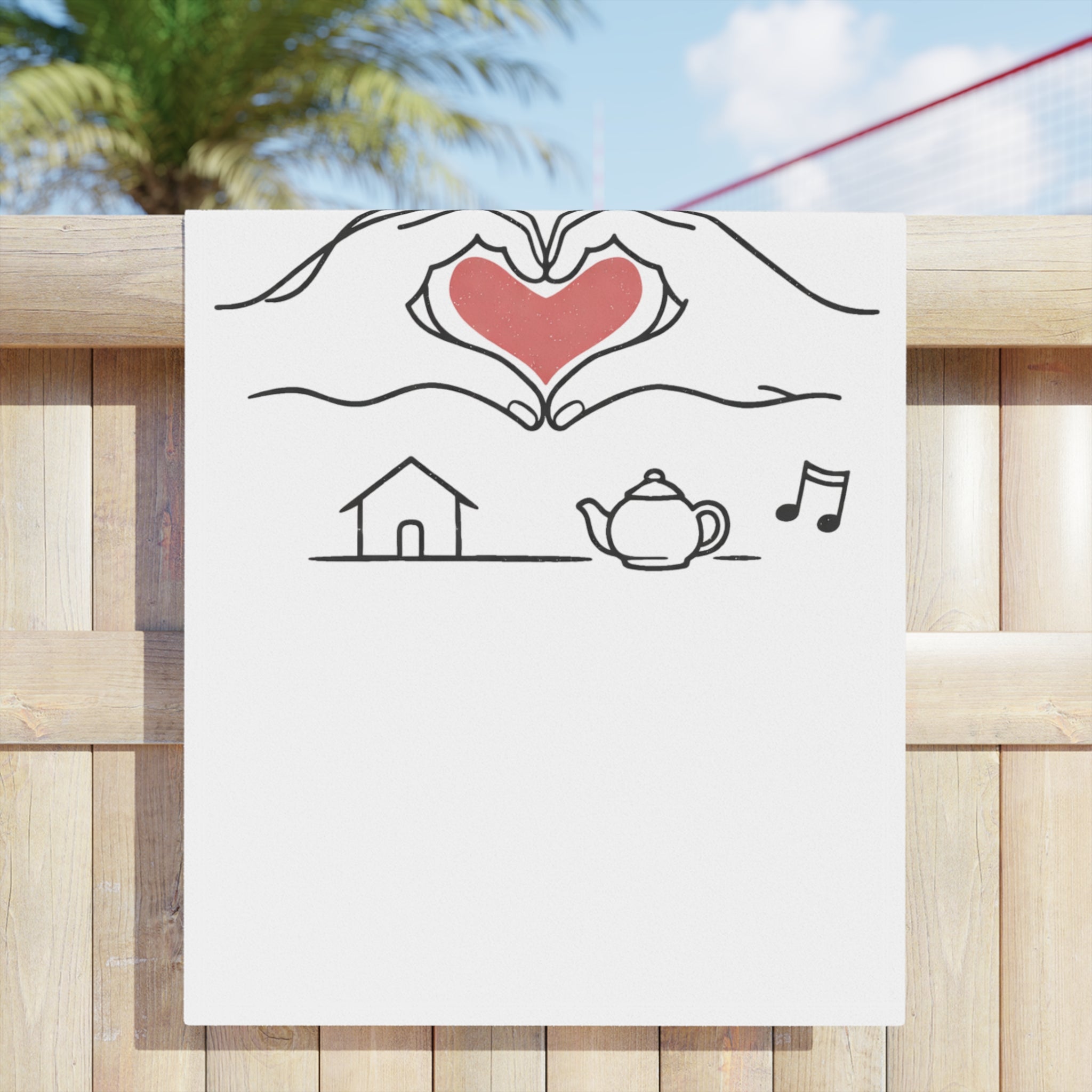 Beach Towel — Heart Hands Rose Design (Moon, Book, Tea, Home Icons)
