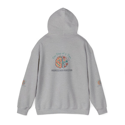 Hoodie — 'One Step at a Time' Brain & Flowers Motivational Pullover