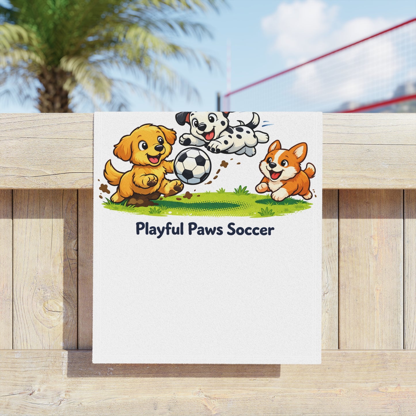 Playful Paws Soccer Beach Towel — Cute Puppies Playing Soccer Kids Towel