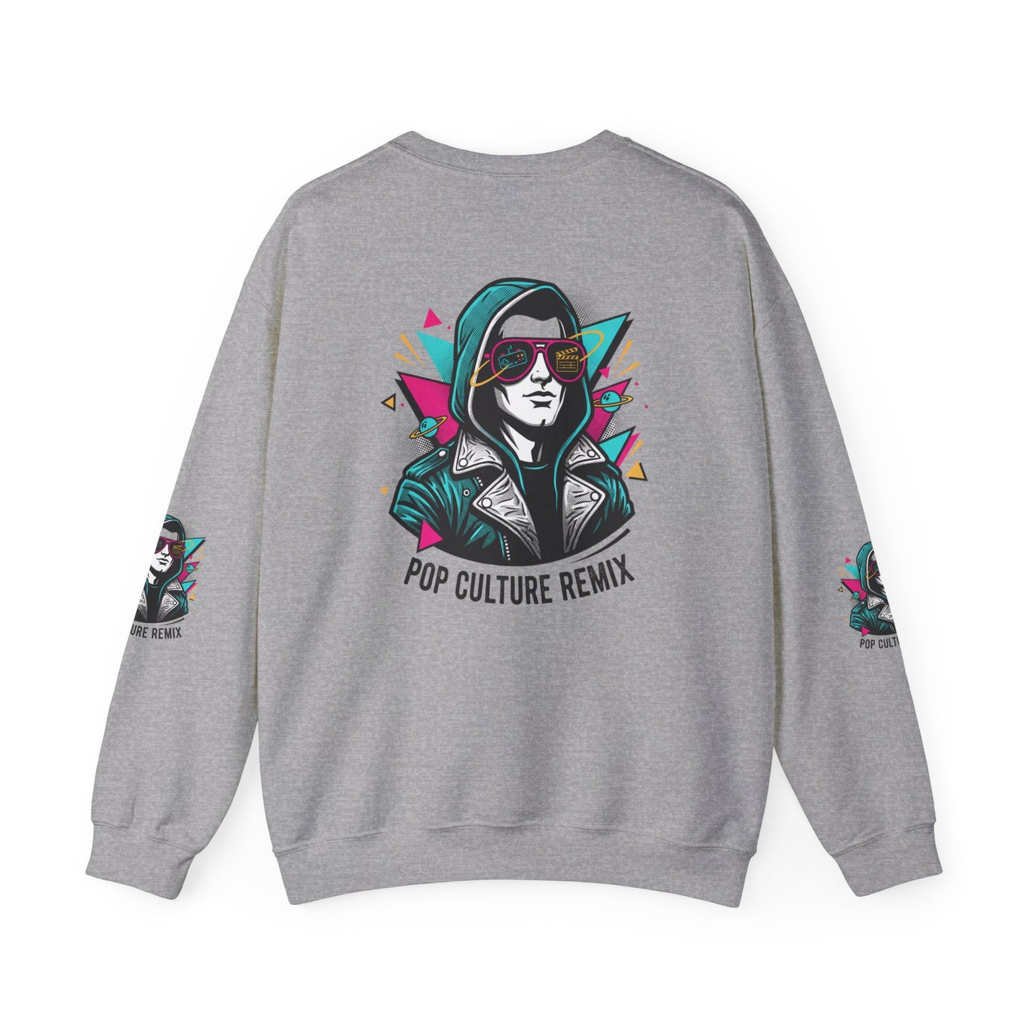 Pop Culture Remix Crewneck Sweatshirt — Retro Neon Hoodie Graphic