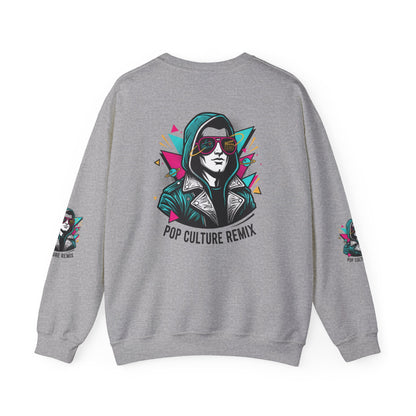 Pop Culture Remix Crewneck Sweatshirt — Retro Neon Hoodie Graphic