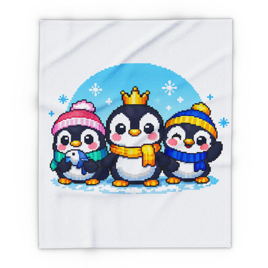 Penguin Pixel Trio Fleece Blanket — Cute Arctic Winter Throw for Kids & Holiday Gifts